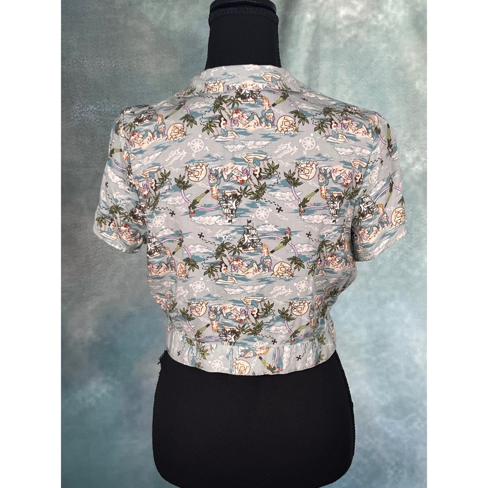 Disney Peter Pan Mermaid Lagoon Tie Front Crop Top Blue Rayon Womens Medium MD - Picture 4 of 7